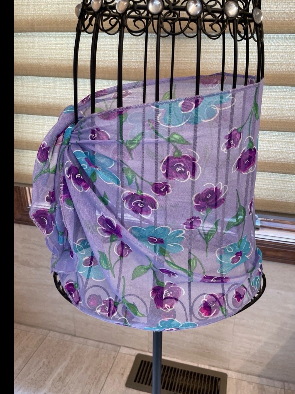 Women’s Lavender Purple Floral Print Sheer Bathing Suit Coverup Sarong